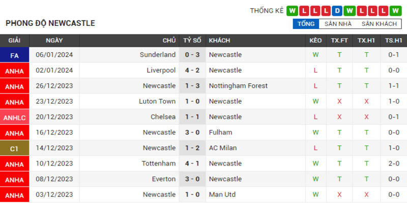 Phong độ gần đây của CLB Newcastle