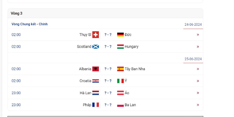 Cập nhật lịch thi đấu Euro 2024 vòng thứ 3 chi tiết nhất